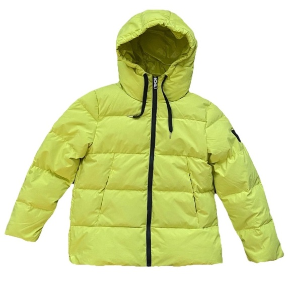 Two By Vince Camuto Neon Yellow Women Size M Puffer Jacket Hood Down, Feather - Picture 1 of 11